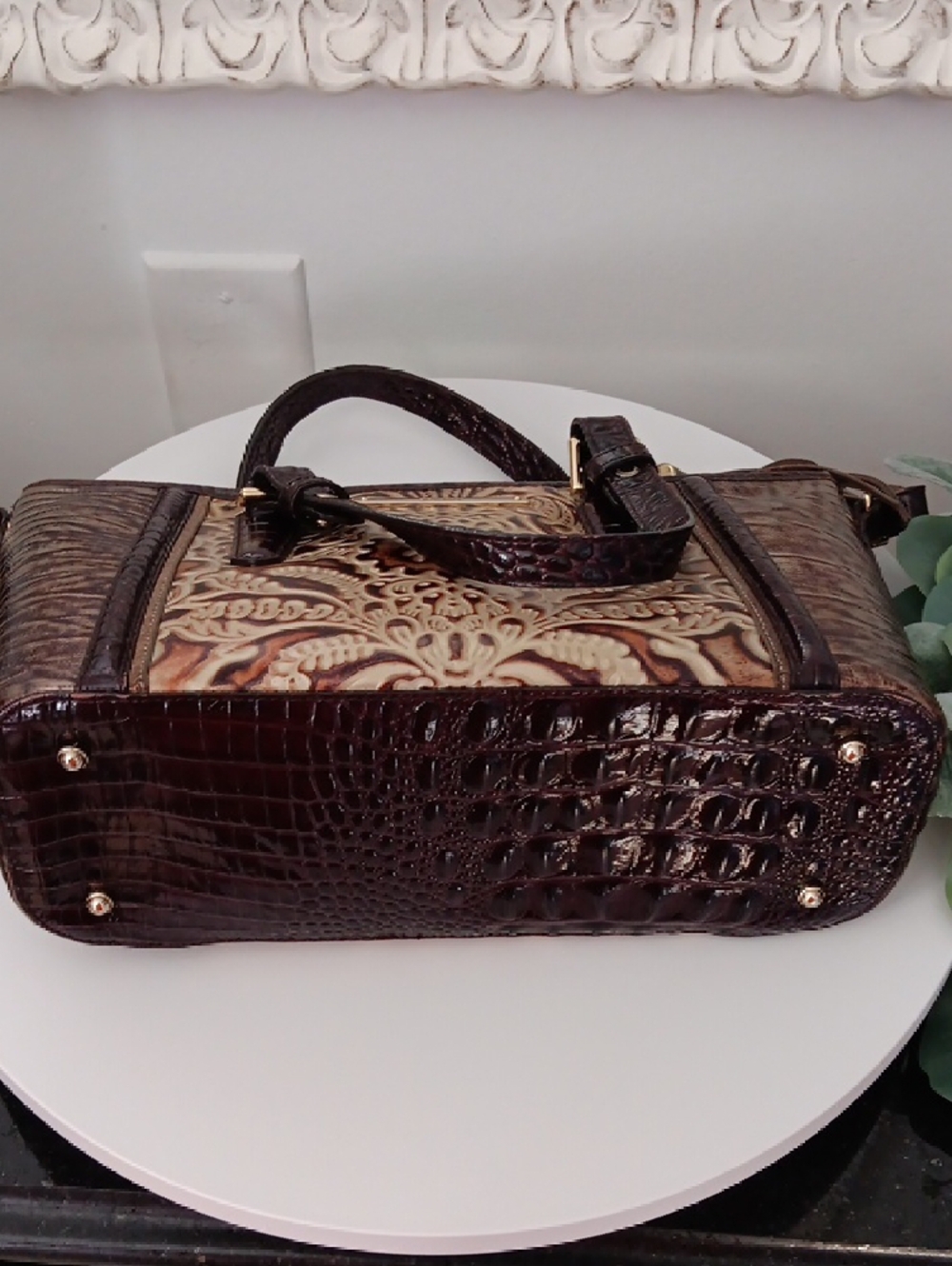 Brahmin Embossed Floral Satchel in Brown and Tan - Picture 12 of 14